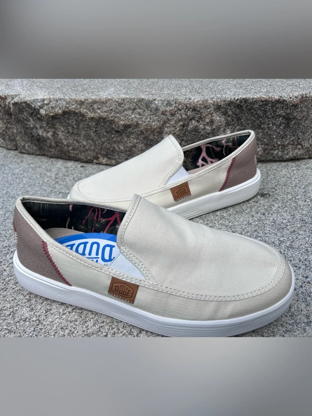 Hey Dude Women’s Slip-On Loafers in Light Cream with Brown Accents